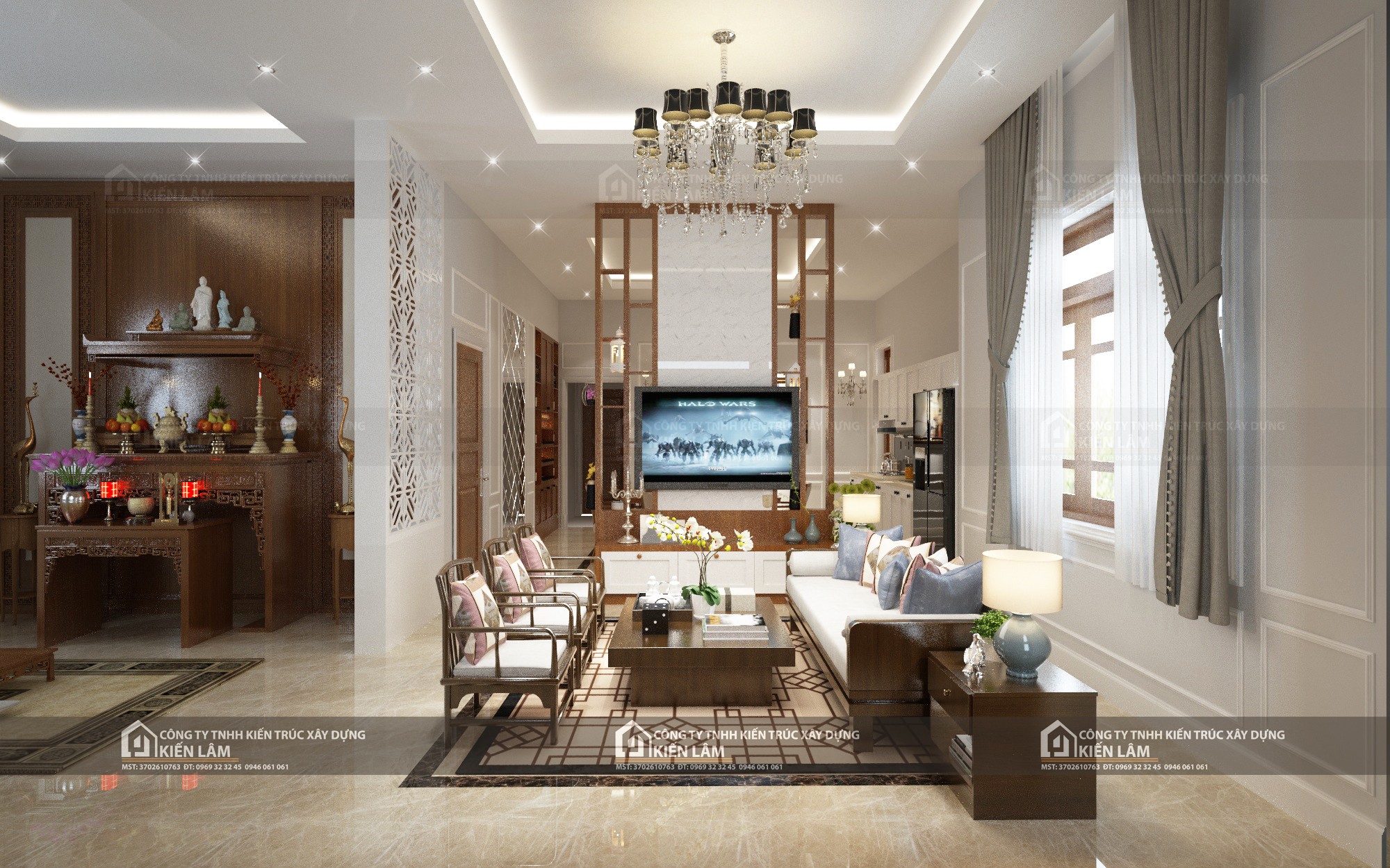 Phòng khách kết hợp phòng thờ hiện đại